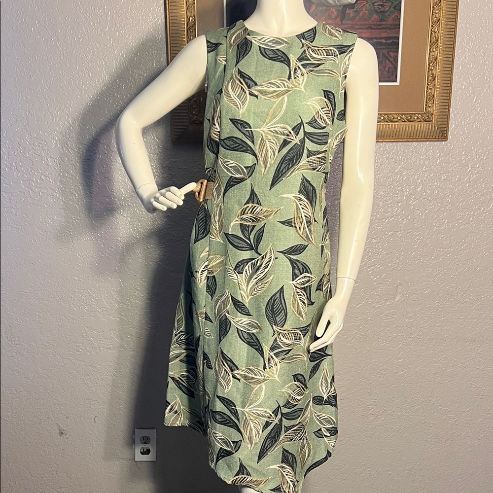 Shelby & Palmer Leaf Print Midi Dress in Green and Cream